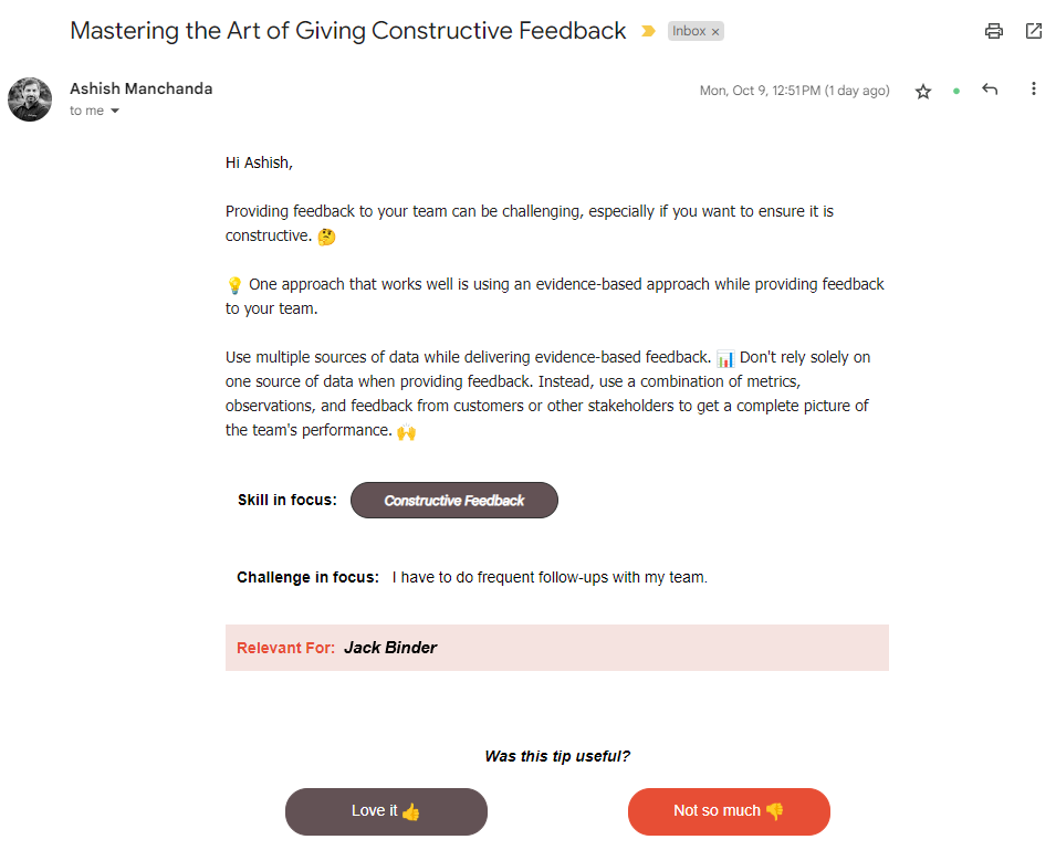 sample nudge from Risely's AI coach Merlin about constructive feedback