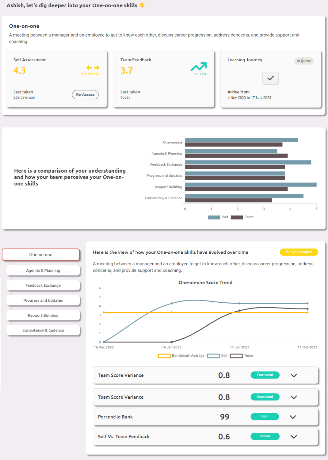 sample skill center showing skill assessment from Risely the AI leadership development buddy 